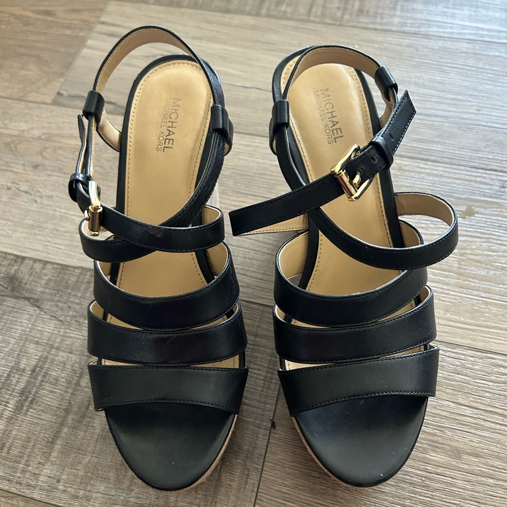 MICHAEL Michael Kors Black Strappy Sandals with Silver Buckle